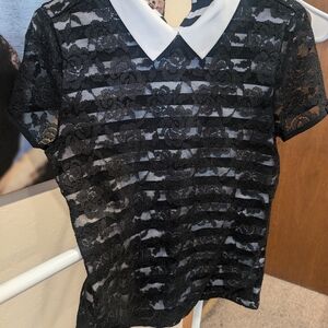 Karl Lagerfeld Black Lace Blouse with White Collar